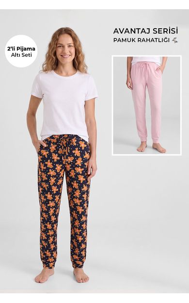 Mısırlı Pamuklu Kadın İkili Alt Pijama Baskılı Lacivert-Pembe