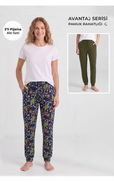 Mısırlı Pamuklu Kadın İkili Alt Pijama Baskılı Lacivert-Açık Haki