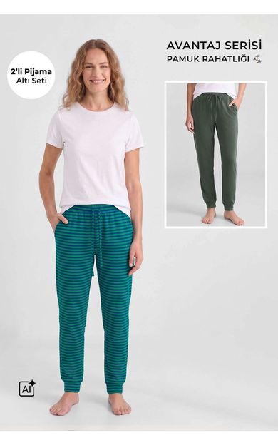Mısırlı Pamuklu Kadın İkili Alt Pijama Çizgili Yeşil-Haki