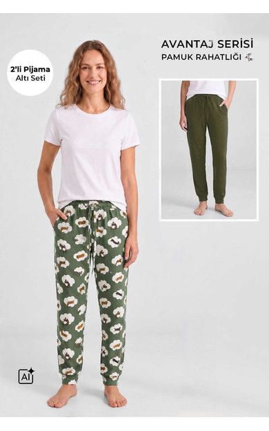 Mısırlı Pamuklu Kadın İkili Alt Pijama Baskılı Ekru-Haki