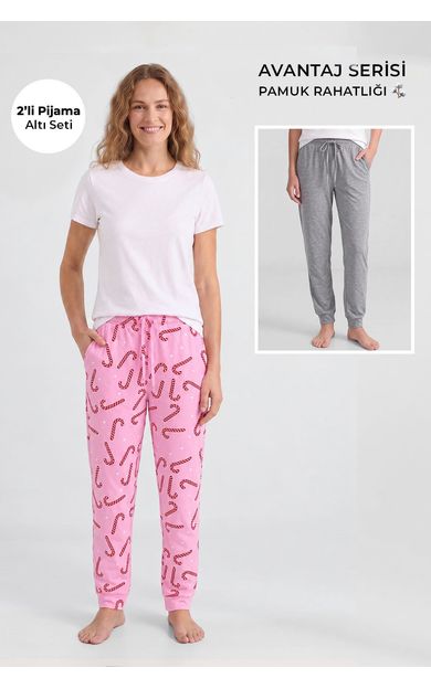 Mısırlı Pamuklu Kadın İkili Alt Pijama Baskılı Pembe-Gri Melanj