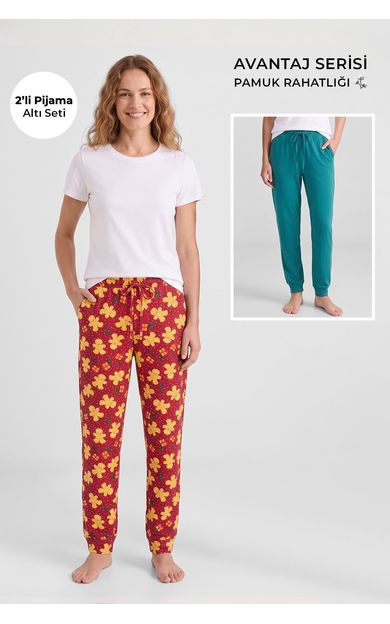 Mısırlı Pamuklu Kadın İkili Alt Pijama Baskılı Kırmızı-Yeşil