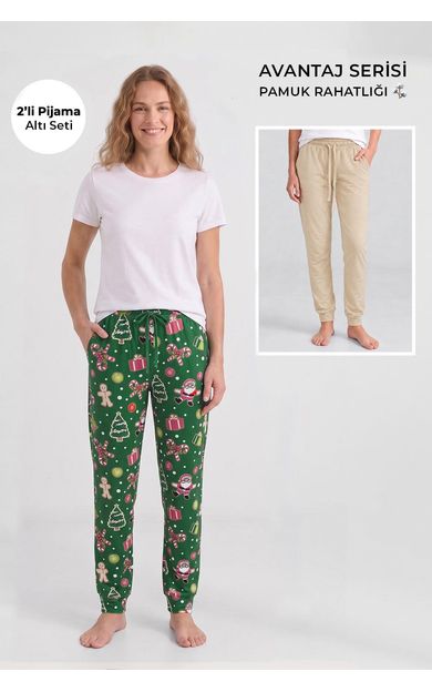 Mısırlı Pamuklu Kadın İkili Alt Pijama Baskılı Yeşil-Bej