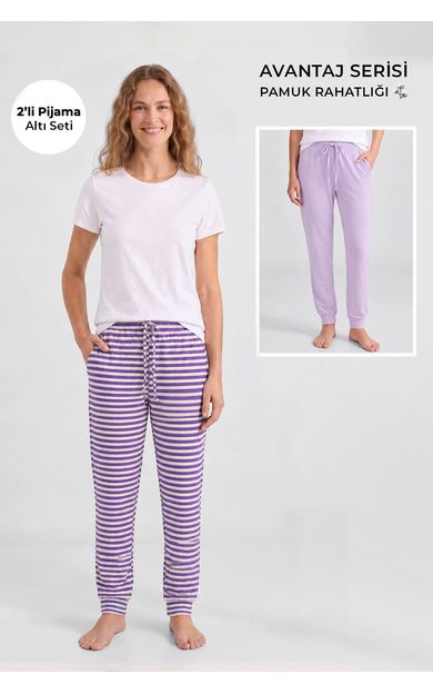 Mısırlı Pamuklu Kadın İkili Alt Pijama Çizgili Mor-Açık Leylak