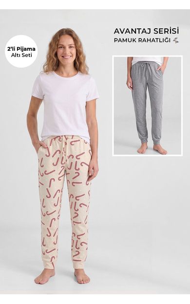 Mısırlı Pamuklu Kadın İkili Alt Pijama Baskılı Ekru-Gri Melanj