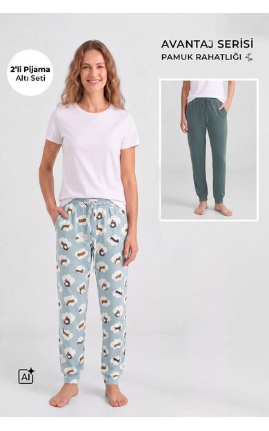 Mısırlı Pamuklu Kadın İkili Alt Pijama Baskılı Mint-Çağla Yeşil