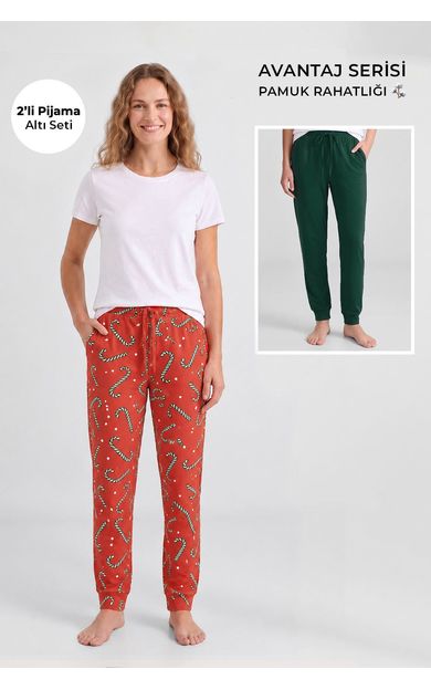 Mısırlı Pamuklu Kadın İkili Alt Pijama Baskılı Oranj-Koyu Yeşil