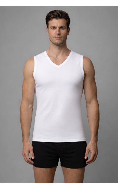 Mısırlı Pamuklu V Yaka Sıfır Kol Regular Fit Atlet Beyaz