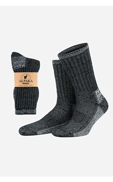 Mısırlı Unisex Alpaka Yünü Havlu Kışlık Soket Çorap Antrasit/Ekru