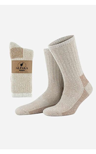 Mısırlı Unisex Alpaka Yünü Havlu Kışlık Soket Çorap Ekru/Bej