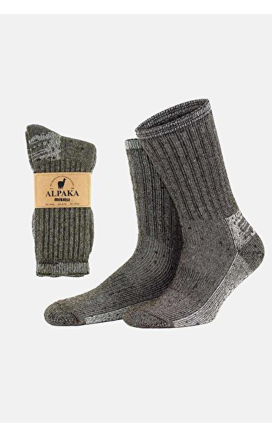 Mısırlı Unisex Alpaka Yünü Havlu Kışlık Soket Çorap Kahverengi/Ekru