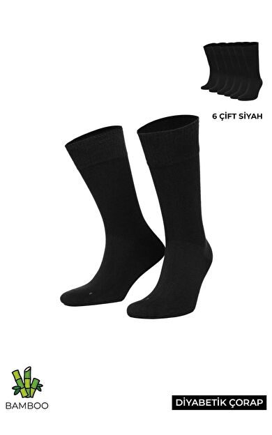 Mısırlı Unisex Bambu 6 Çift Diabetiker Lastiksiz Uzun Soket Çorap Siyah