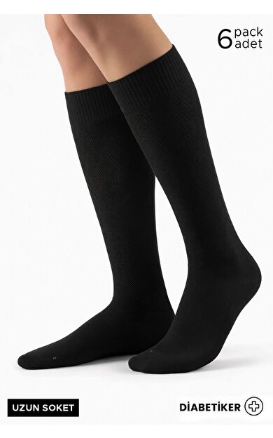 Mısırlı Unisex Bambu 6 Çift Diabetiker Lastiksiz Uzun Soket Çorap Siyah