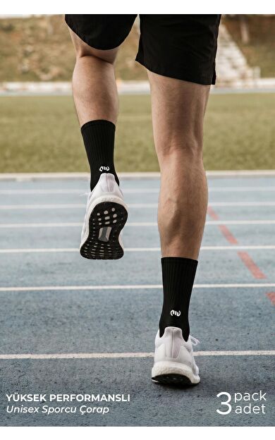 Mısırlı Unisex Pamuklu Spor Çorap, 3'Lü Siyah