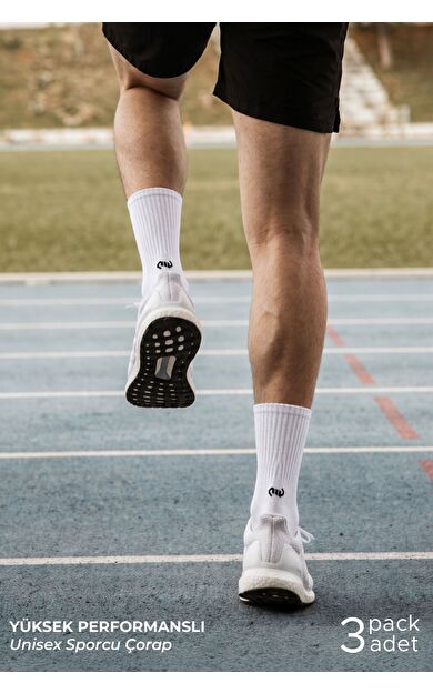 Mısırlı Unisex Pamuklu Spor Çorap, 3'Lü Beyaz