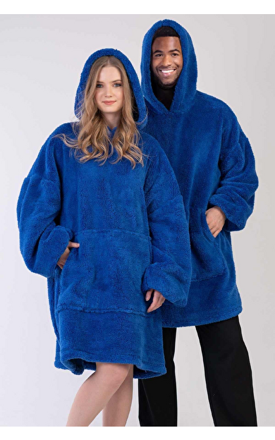 Mısırlı Unisex Welsoft Kapüşonlu Uzun Kollu Panço Battaniye İndigo