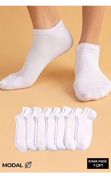 MODAL Erkek Kutulu 7 Çift Patik Çorap Beyaz