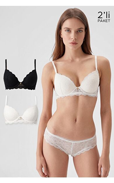 Msırlı Kadın 2'Li Ekonomik Paket Balenli Soft Push Up Dantelli Sütyen Tak Çıkar B/C/D Cup Seçeneği Siyah-Ekru
