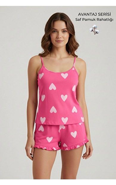 Pamuklu Askılı Tişört Şort Takım Koyu Pembe