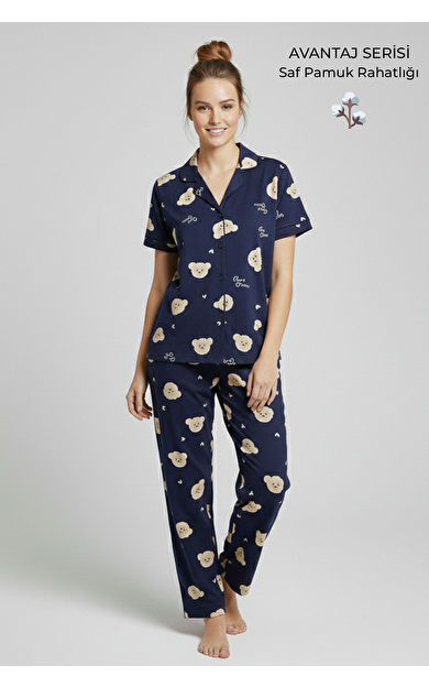 Pamuklu Kısa Kollu Gömlek Pantolon Takım Lacivert