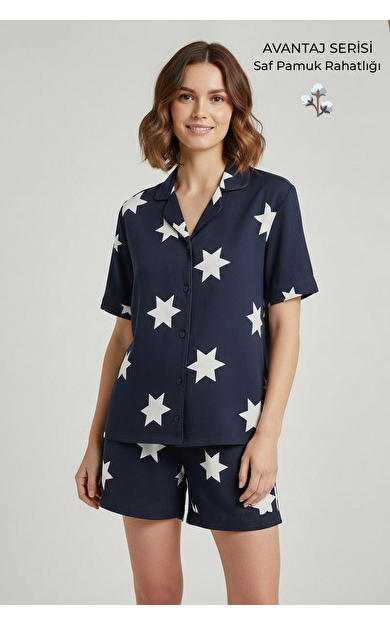 Pamuklu Kısa Kollu Gömlek Şortlu Takım Lacivert