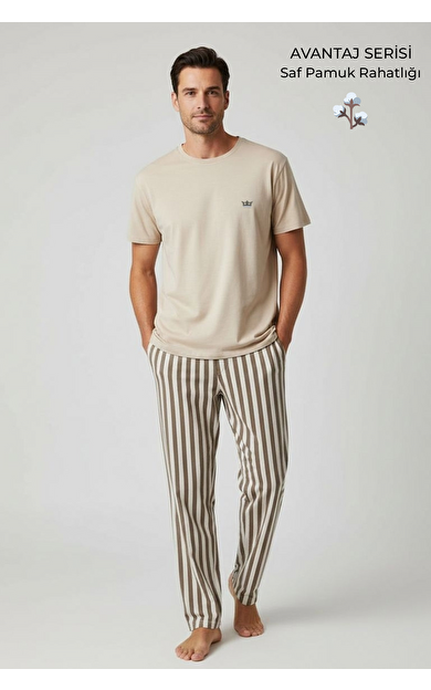 Pamuklu Kısa Kollu Pijama Takım Bej-Kahverengi