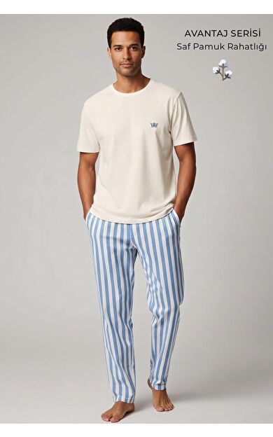 Pamuklu Kısa Kollu Pijama Takım Beyaz-Mavi