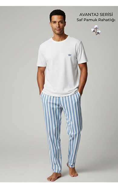 Pamuklu Kısa Kollu Pijama Takım Beyaz-Mavi