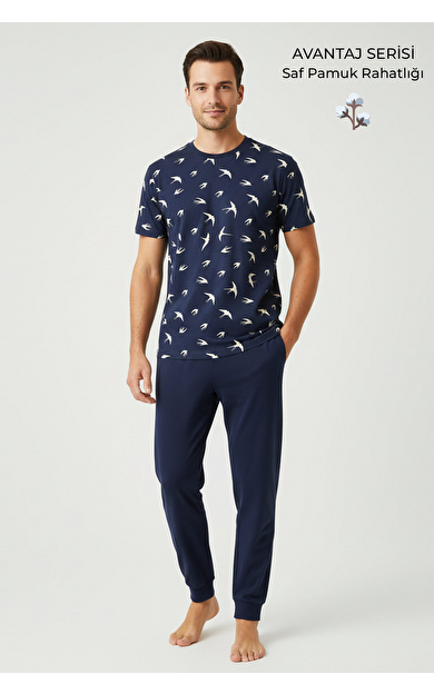 Pamuklu Kısa Kollu Pijama Takım Lacivert