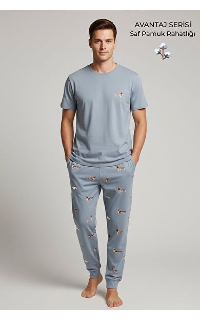 Pamuklu Kısa Kollu Pijama Takım Mavi
