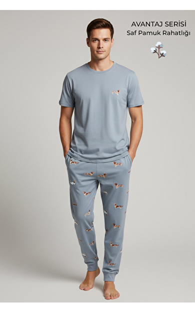 Pamuklu Kısa Kollu Pijama Takım Mavi