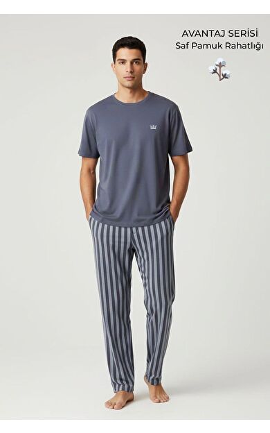 Pamuklu Kısa Kollu Pijama Takım Mavi-Lacivert