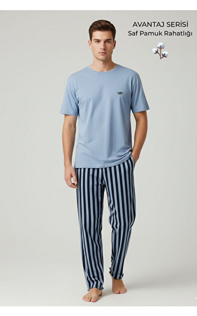 Pamuklu Kısa Kollu Pijama Takım Mavi-Lacivert