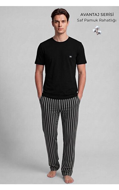 Pamuklu Kısa Kollu Pijama Takım Siyah-Taş Çizgili