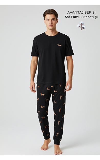 Pamuklu Kısa Kollu Pijama Takım Siyah