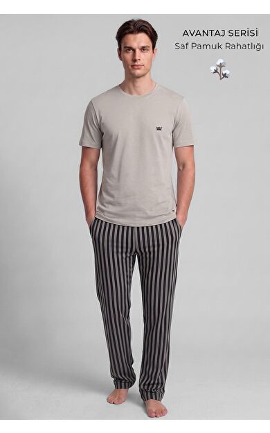 Pamuklu Kısa Kollu Pijama Takım Taş-Siyah Çizgili
