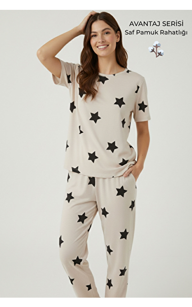 Pamuklu Kısa Kollu Tişört Pantolon Takım Bej