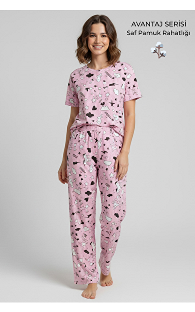 Pamuklu Kısa Kollu Tişört Pantolon Takım Pembe