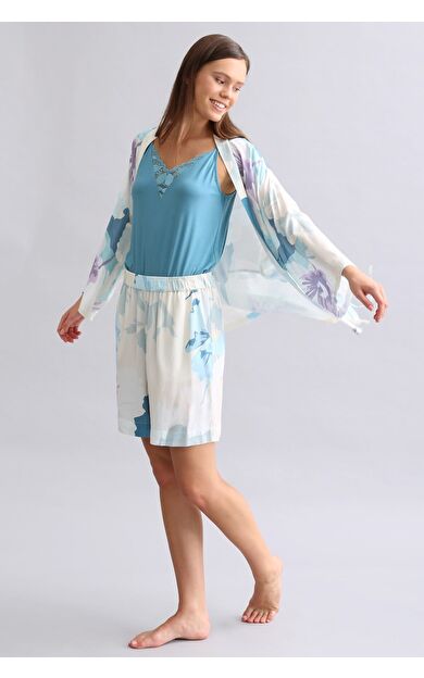 Viskon Aurora Desenli Dokuma Midi Şort Lacivert