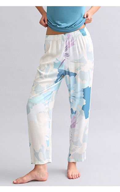 Viskon Aurora Desenli Geniş Paça Pijama Alt Lacivert