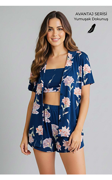 Viskon Kısa Kollu Askılı Tişört Şort Takım İndigo