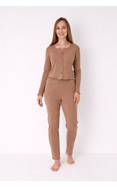 Açık Kahve Önden Düğmeli Pijama Takımı