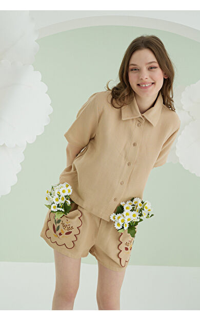 NBB Bej Nakışlı Müslin Önden Düğmeli Şortlu Takım