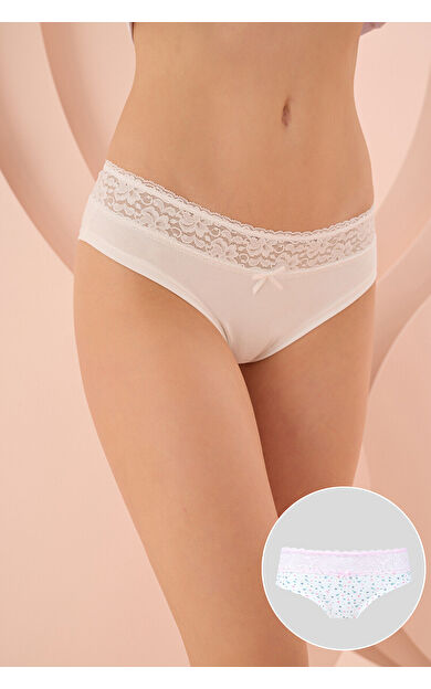 Beyaz Çiçekli Dantelli 2li Hipster Külot