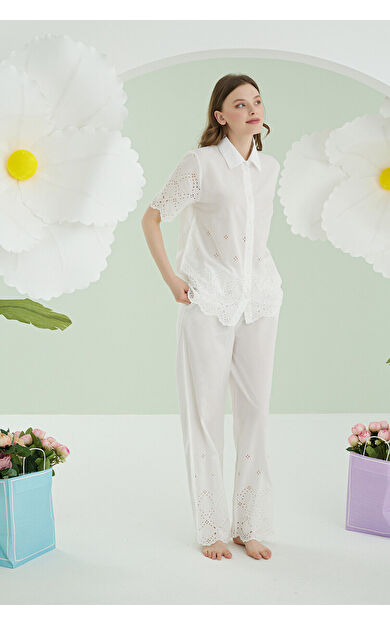 NBB Beyaz Önden Düğmeli Pijama Takım