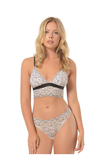 Beyaz Siyah Bralet Sütyen String Takım