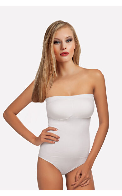 NBB Beyaz Straplez Çıtçıtlı Dikişsiz Kaplı Body