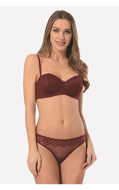 NBB Bordo Desteksiz Straplez Sütyen Külot Takım