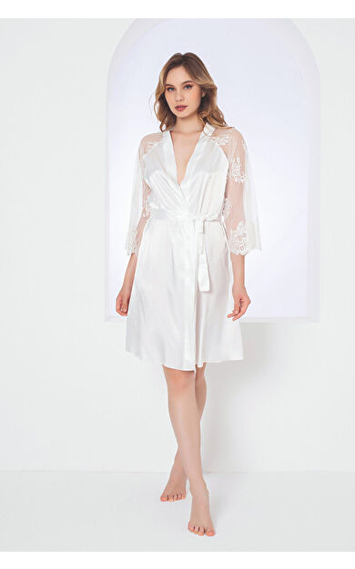 NBB Ekru Gardenia Lacy Saten Tek Sabahlık