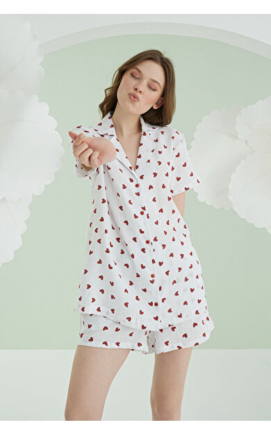 NBB Ekru Kalpli Şortlu Önden Düğmeli Pijama Takımı